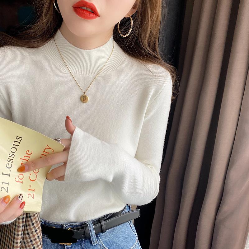 

Elegant Semi-turtleneck Bottoming Shirt for Women Autumn and Winter 2025 New Knitted Pullover Sweater Female Solid Color Simple Basic Office Clothing One size белый