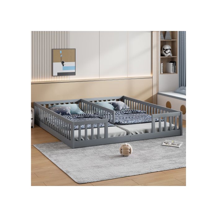 Pat căptușit - MUVOE - 90 x 200 cm - Gri - 2 locuri - Barieră de siguranță