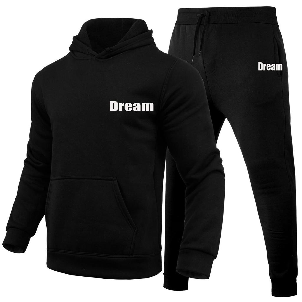 Dream Letters Printed Sets Winter Tracksuit Men Hooded 2 Piece Sets Mens Outfits Suit Men Fleece Sport Hoodie Sweatpants Two Piece Sets
