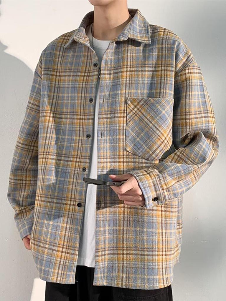 Bligo Sleeve Checked Summer Loose Shirt with Chest Oversized Perfect for Commuting or Men's 3/4 Shirt, Style, Lightweight, Fit, Button-Down Pocket,