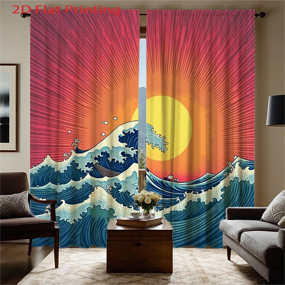 Flat Panels Semi Ocean Wave Curtain Sunrise Pattern Window Drapes Filtering Suitable With Sheer Polyester