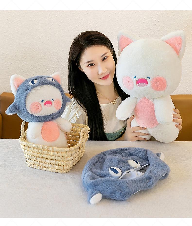 Creative Shark Cat Plushie with Removable Hat Cute Hooded Animal Cat Plush Toy Doll for Cosplay Birthday Gift