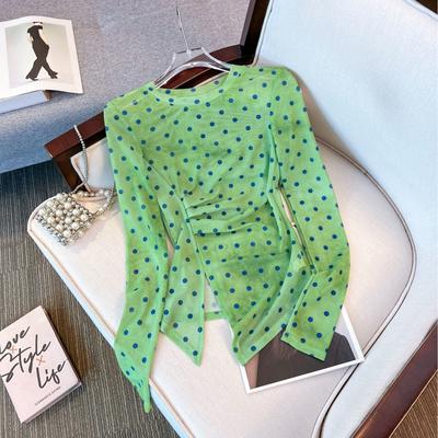 Top en maille semi-transparente imprimé à pois grande taille pour femme, été, manches longues, fin, protection solaire, cache-maillot, t-shirt à ourlet irrégulier