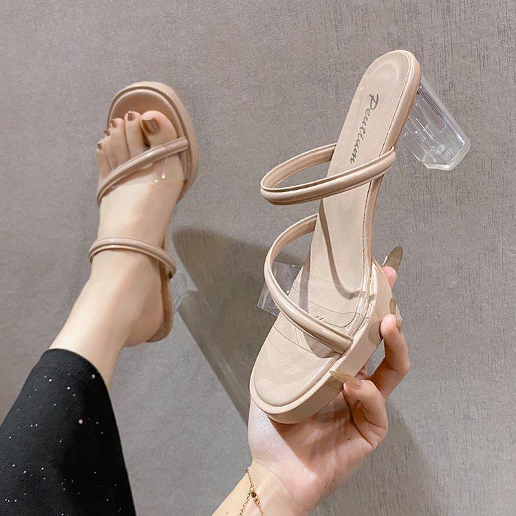 Fashion Transparent High Heels Women's Summer New Crystal Heel Sandals Buckle Slippers Outdoor Wear Polyurethane Rubber Ladies Slippers