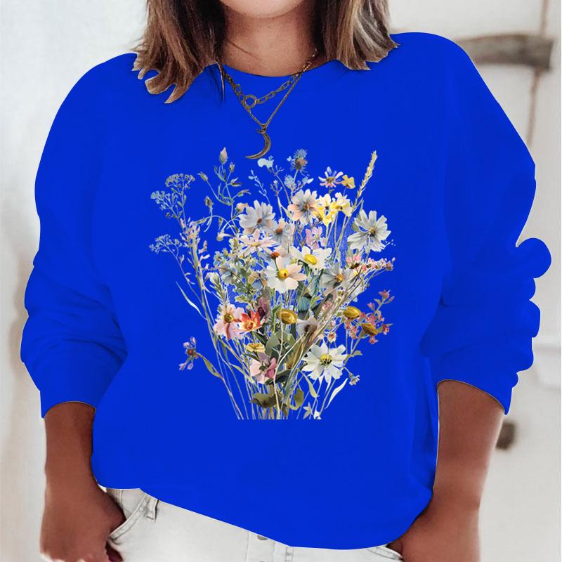 New Flower Hoodies Women Floral Oil Painting Y2K Sudaderas Long Sleeve Round Neck Vintage Boho Wild Flower Woman Sweatshirts