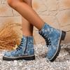 Dámské džínové kotníkové boty se silnou podrážkou 2025 podzimní móda batikované se zipem na boku westernové kovbojské boty dámské platformové boty plus size
