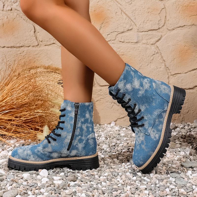 Dámské džínové kotníkové boty se silnou podrážkou 2025 podzimní móda batikované se zipem na boku westernové kovbojské boty dámské platformové boty plus size