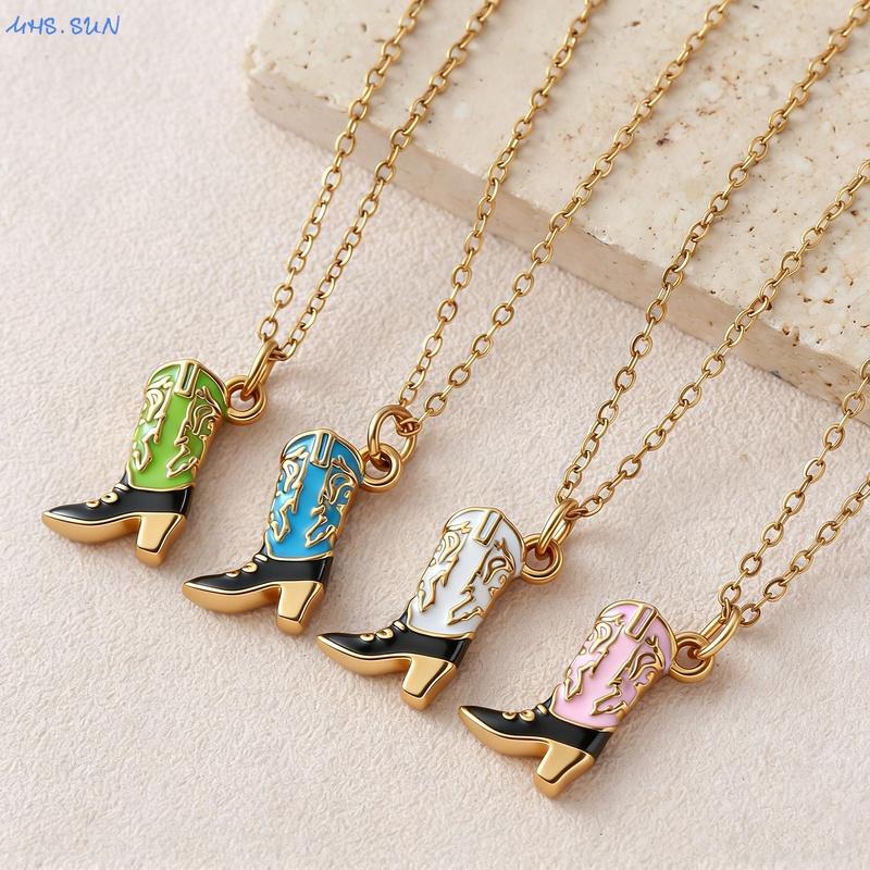 Stainless Steel Oil Dripping Colored Denim Boot Pendant Necklace Design Fashion Gold Plated Chain Jewelry Gifts For Women
