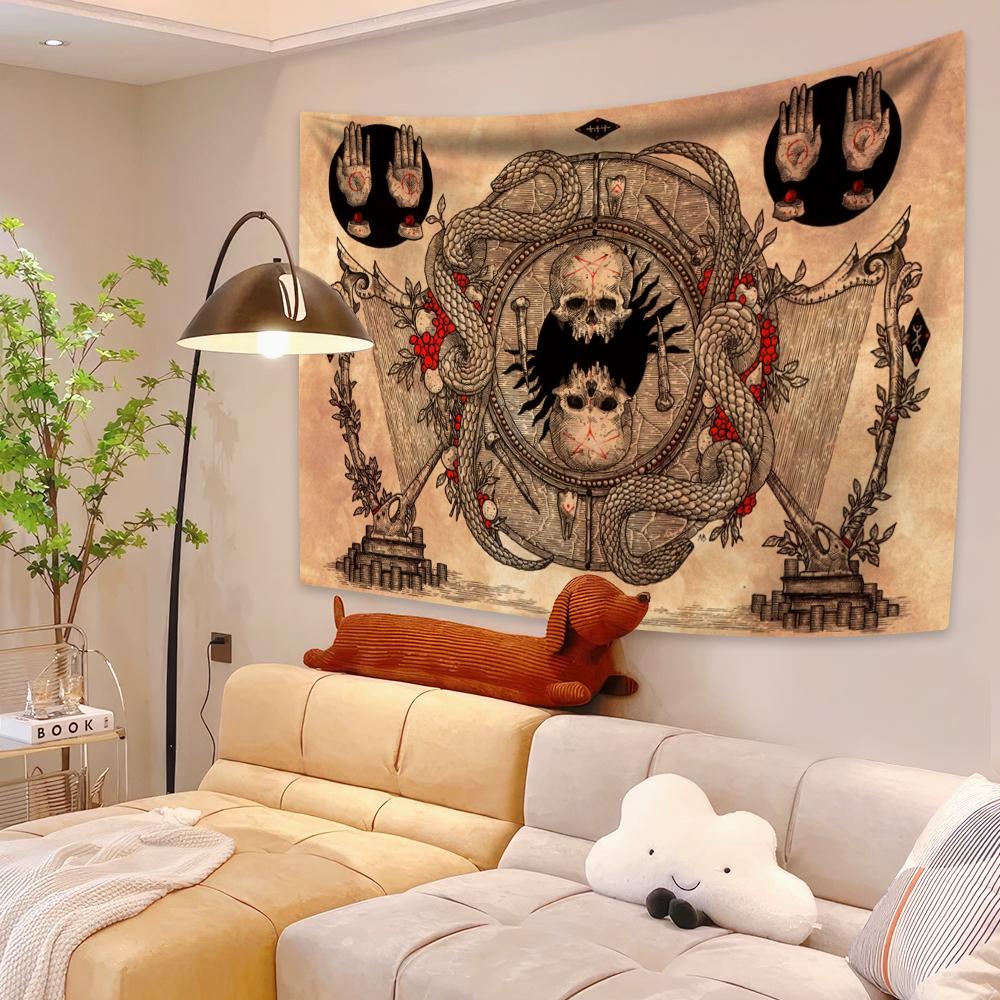 

Психоделический гобелен Таро со скелетами, напечатанный на колдовстве, настенный гобелен для спальни, общежития, фоновая ткань, диван, одеяло 29x37in