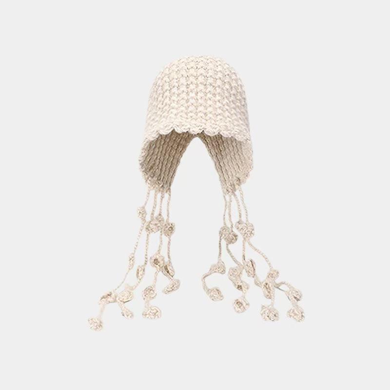 Hand-woven Hollow Bald Hat Warm Wool Hat Women's Ethnic Style Fringed Ear Protector Knitted Hat