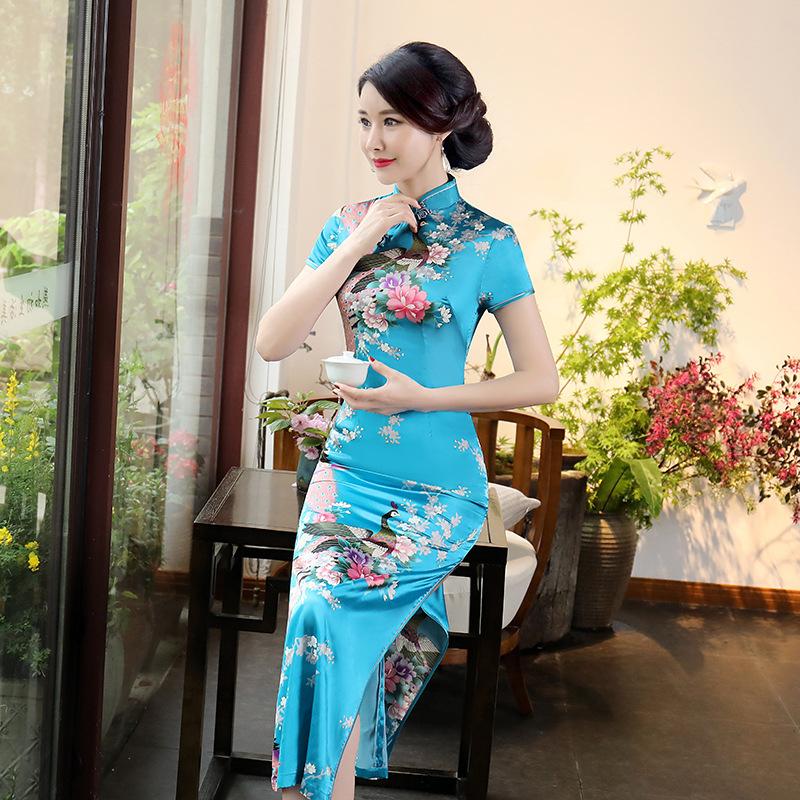 Damenkleid Seidensatin Schlankmachend Bedruckt Kurzarm Lang Cheongsam Kleid