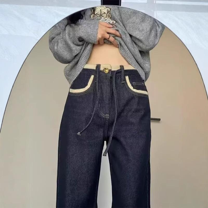 Women's Retro Dark Blue Fleece-Lined Wide-Leg Jeans - Cozy, Loose Design for Autumn/Winter