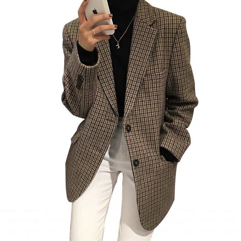 Korean Style Retro Plaid Wool Blazer - Houndstooth Long Sleeve, Thickened, Fall/Winter Collection.