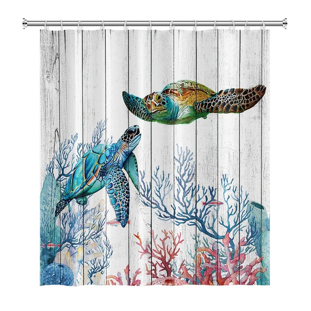 Fun Cartoon Sea Animal Shower Curtain, Sea Turtle Octopus Jellyfish Whale Crab Sea Life Landscape, Bathroom Shower Curtain Set