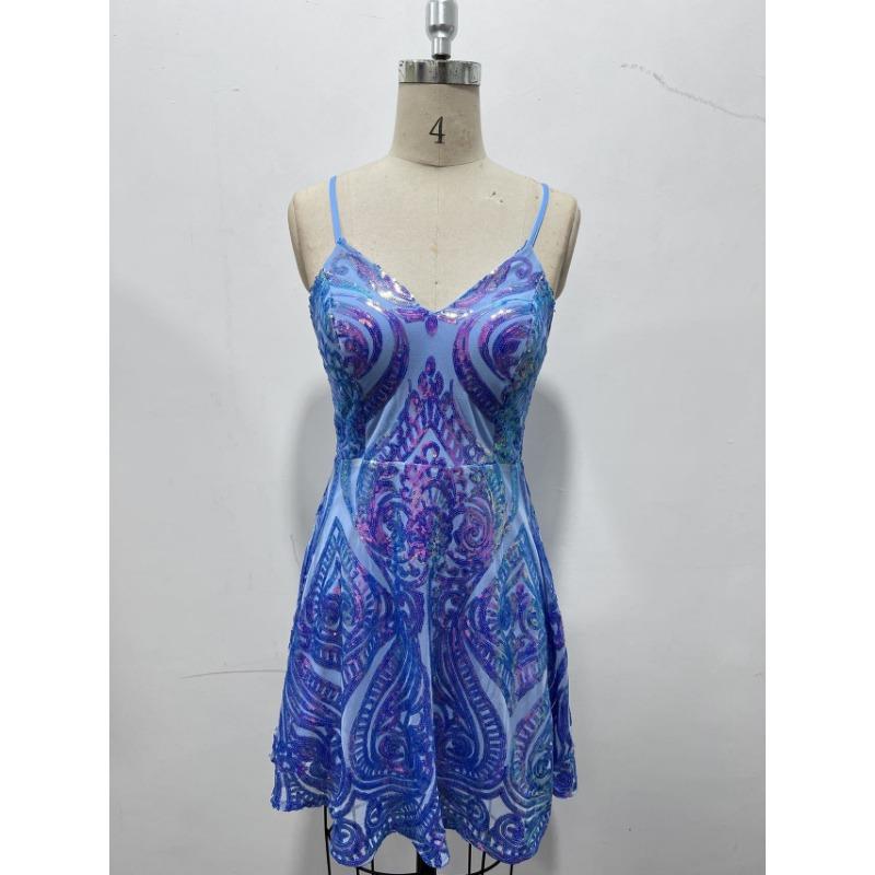 Women Sexy Sequined Spaghetti Strap V Neck Short A Line Formal Party Dress
