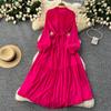 Frenchic Vintage Maxi Dress Women Stand Collar Lantern Sleeve Lace-up Female A-line Elegant Dresses Spring Autumn