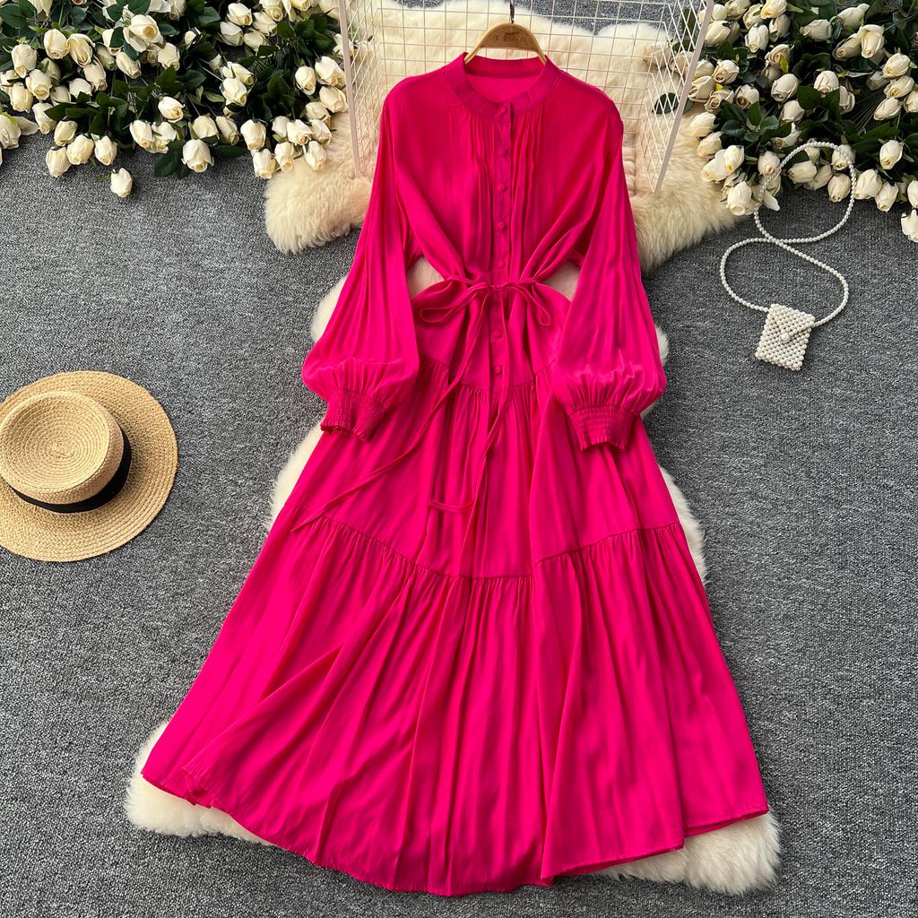 Frenchic Vintage Maxi Dress Women Stand Collar Lantern Sleeve Lace-up Female A-line Elegant Dresses Spring Autumn