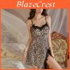 Sexy Animal Print Ice Silk Nightdress With High Split And V Neck For Bedroom Comfort