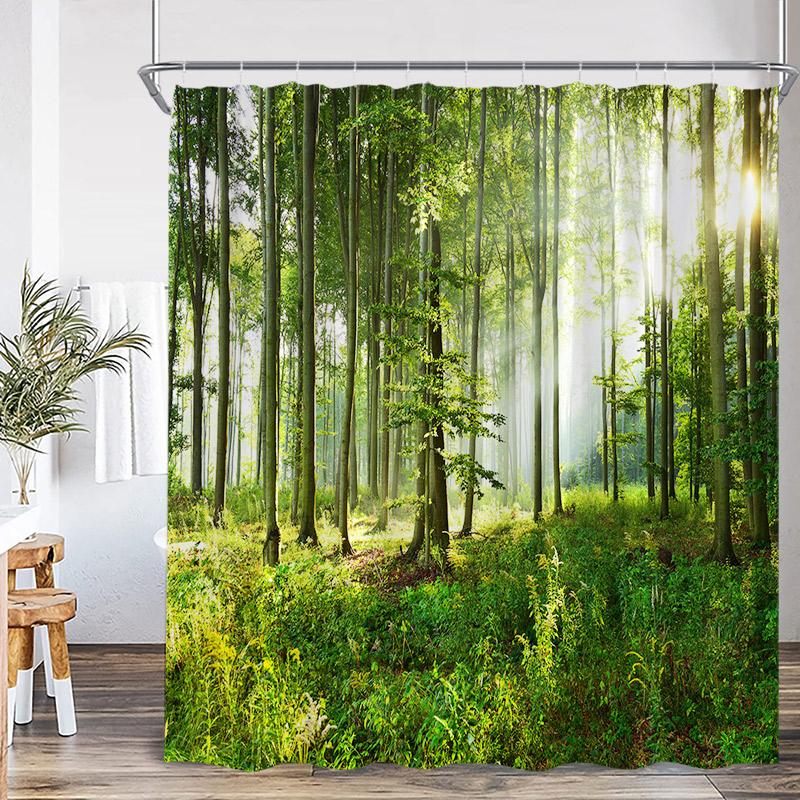 Nature Waterfall Landscape Shower Curtains Forest Lake Crane Lotus Flowers Chinese Style Scenery Home Bathroom Curtain Decor Set