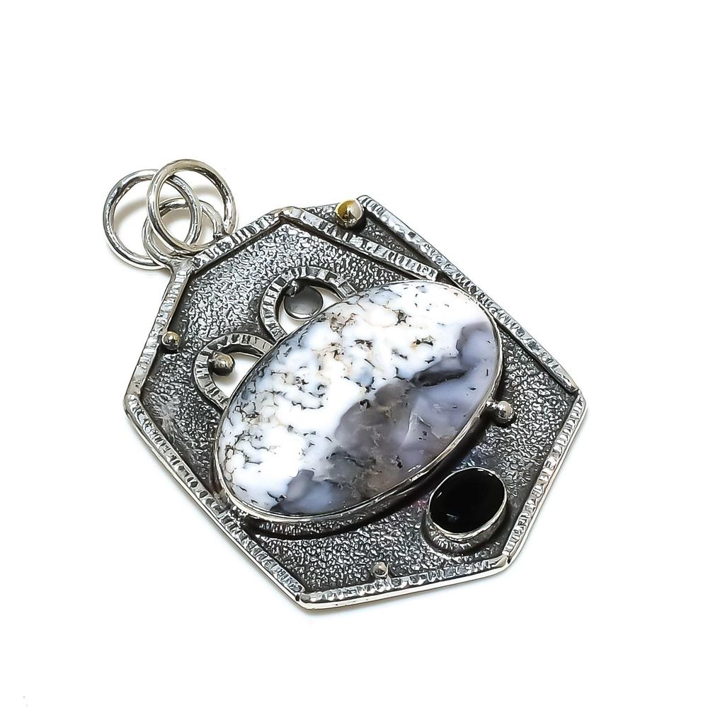 Dendritenopal, Edelsteinanhänger aus schwarzem Spinell, Natürlicher Dendritenopal Edelstein Handgefertigter 925 Sterling Silber Anhänger Für Frauen Anhänger Für Geschenke