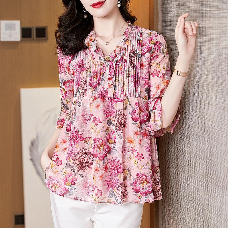 Elegant Fashion Casual Vintage Floral Printed Button Shirt Summer Autumn New V-Neck Half Sleeve Loose Tops Women's Clothing
