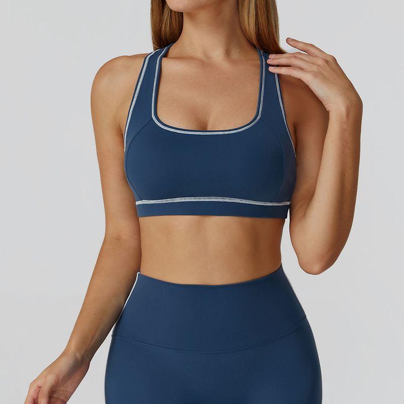 

and American Sports Underwear Women High Strength Shockproof Running Outer Wear Fitness Bra Beauty Back Contrast Color Yoga Clothes Vest Style XL Dark Blue