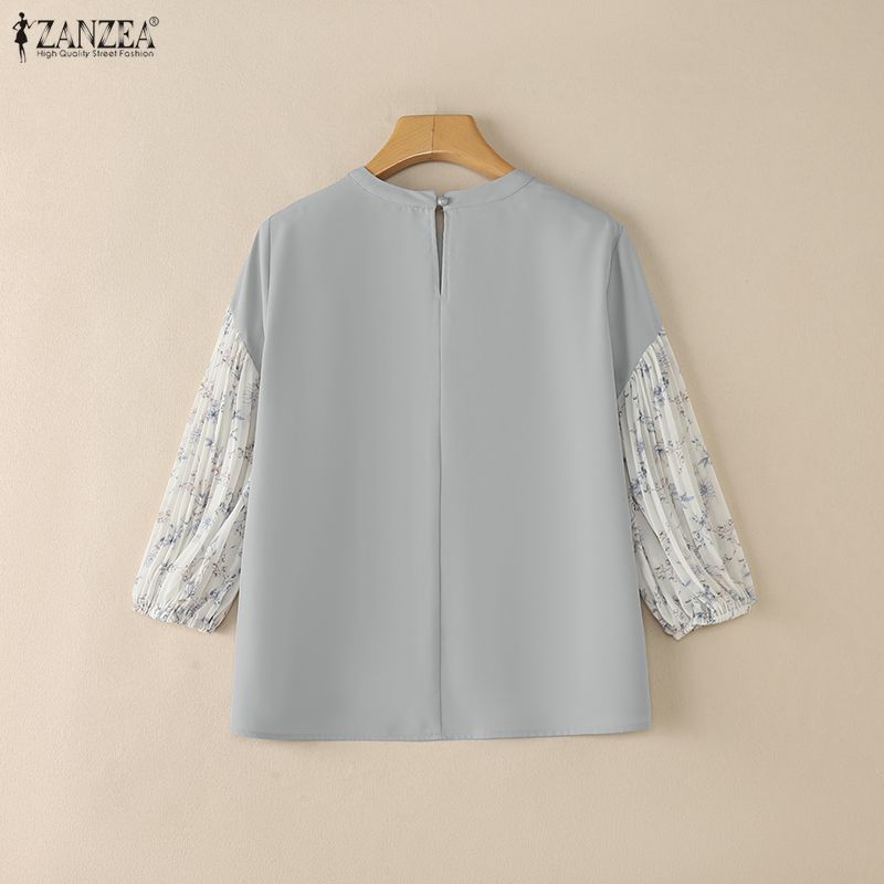 ZANZEA Women Elegant Floral Splice 3/4 Sleeve Loose Casual Crew Neck Blouse