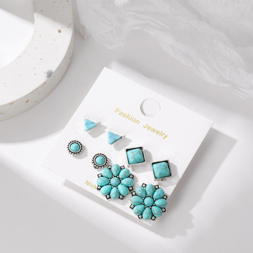 Vintage Bohemian Turquoise Floral Geometric Round Earrings 4 Pair Set