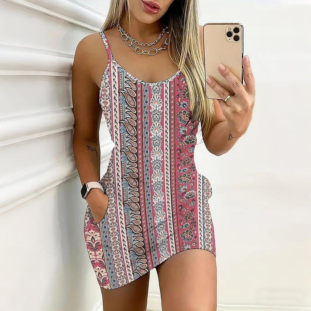 Robe d'été moulante sans manches avec poches, imprimé géométrique et à rayures rétro, sexy, coupe ajustée, élégante, pour la fête