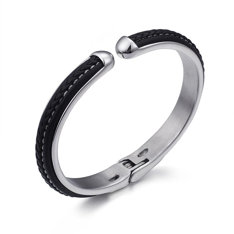 KALEN Stainless Steel Black Leather Bangle Charm Cuff Bracelets & Bangles for Men 64X49mm&TRENDY