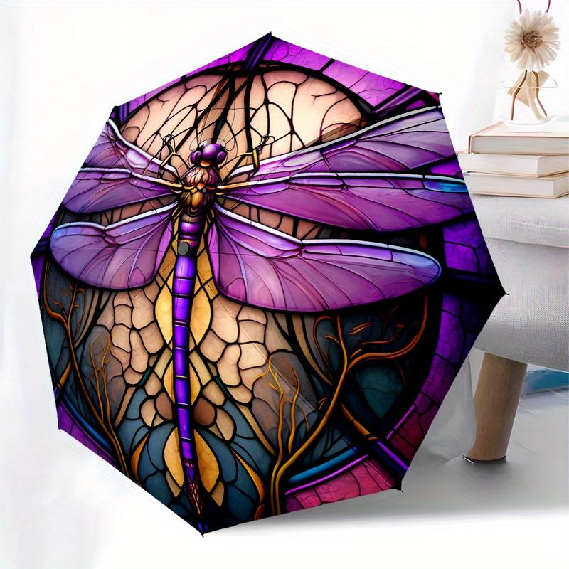 Stained Dragonfly Artwork Umbrella - Vibrant Purple & Multicolor Automatic Open/Close Compact 3-Fold Umbrella with 8-Rib Durab