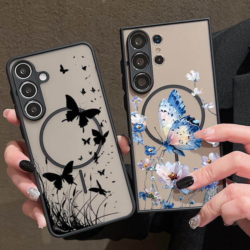 Creative Butterfly Flowers Pattern Case For Samsung Galaxy S26 Ultra S25 Edge S24 Plus S23 S22 S21 FE Magnetic For Magsafe Matte Cover
