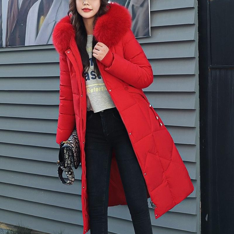 BITCED Winter Fashion Plus Size Cotton Coat for Women Long Waist-cinched Knee-length Thickened Coat with Large Fur Collar