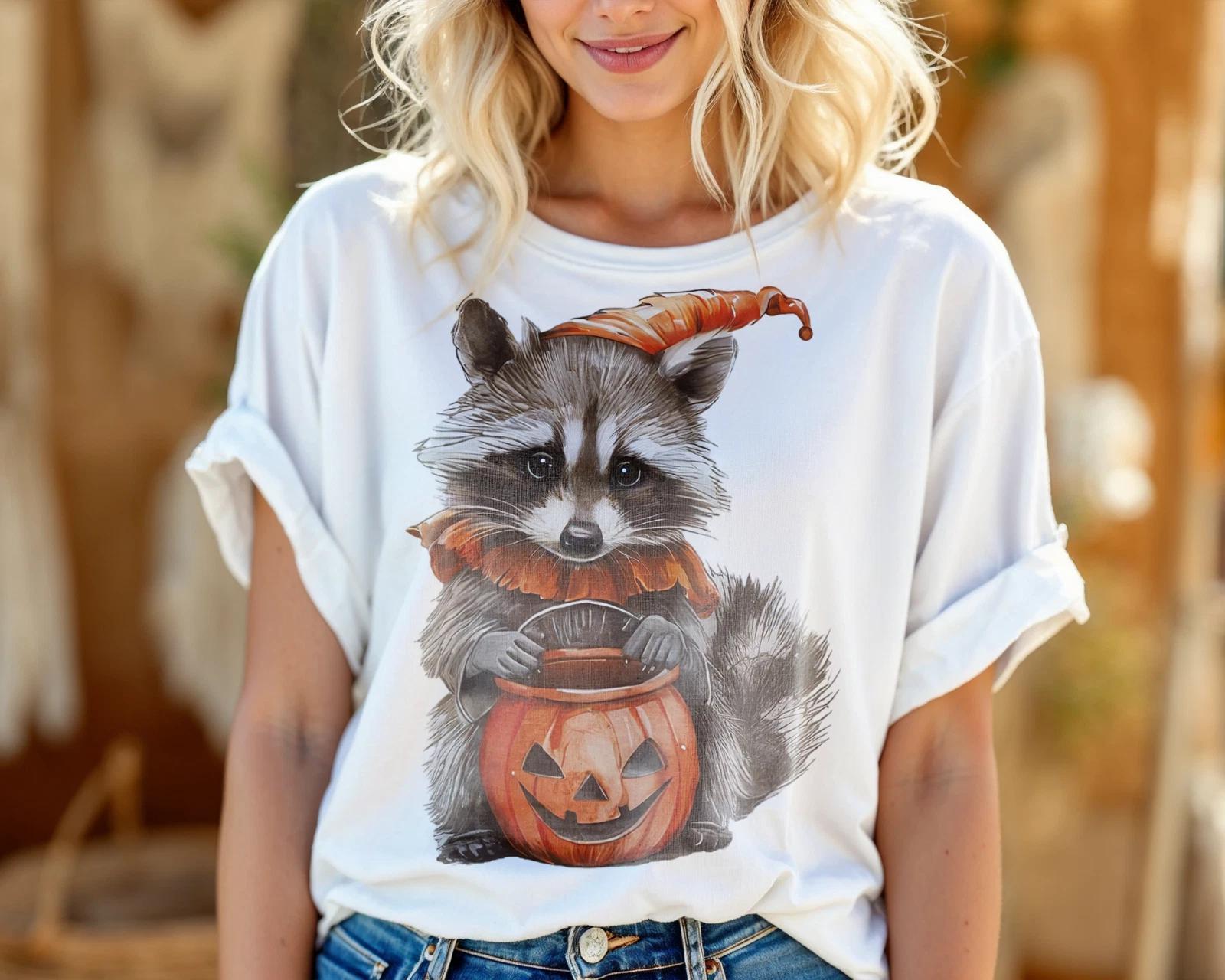 Cute Raccoon Halloween T-Shirt – Pumpkin Trick or Treat Animal Graphic Tee A282 S
