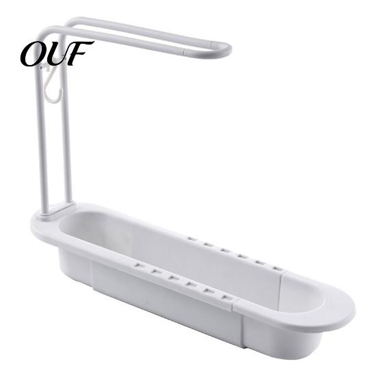 Retractable Sink Caddy Tray Kitchen Organizer with Towel Hanger, Adjustable Plastic Soap And Sponge Holder Holder, Large Capacity Countertop Drainage