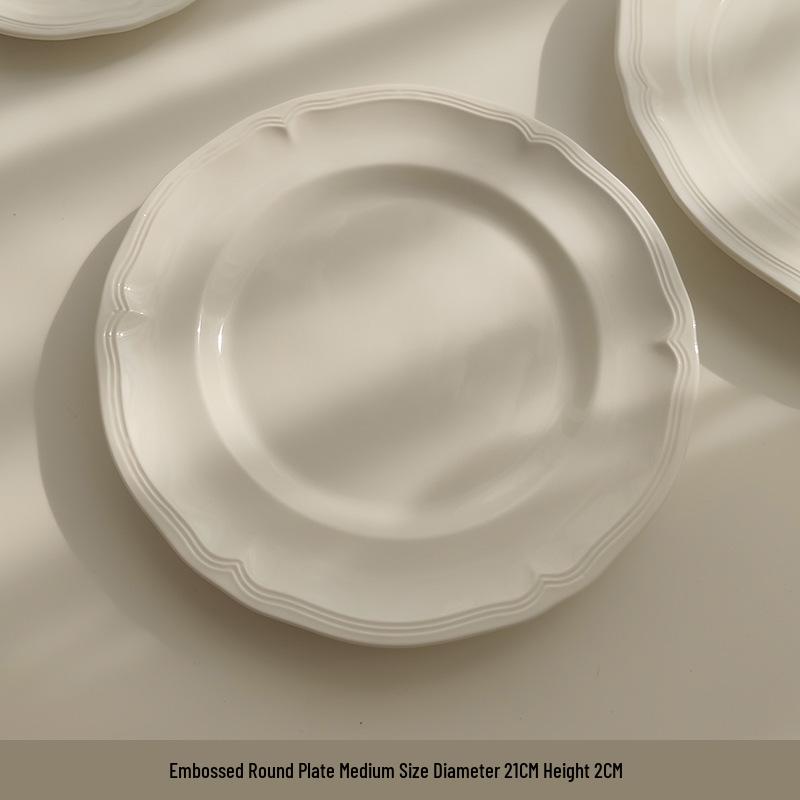 Tai Life French Retro White Embossed Ceramic Lace Plate for Breakfast & Dessert