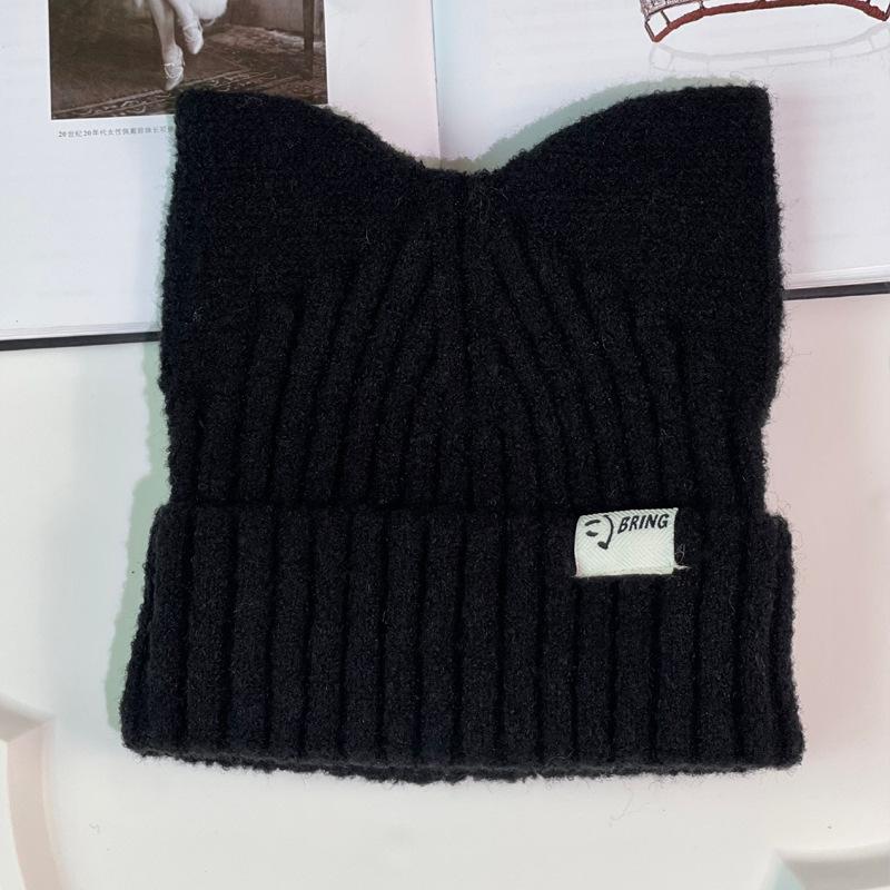 Cute Cat Ear Hat Women's Autumn and Winter Youth Warm Ear Protection Knitted Wool Hat Casual Versatile Crimped Headgear