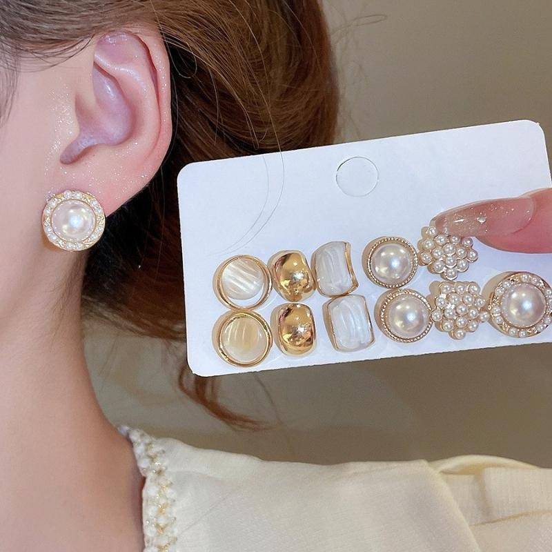 12 Pieces/set of Elegant Temperament Imitation Pearl Round Square Earrings, Women's Daily Wear Holiday Accessories Gifts