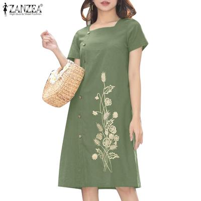 Frauen Sommer Casual Quadrat Kragen Kurzarm Blumen Stickerei Kleid