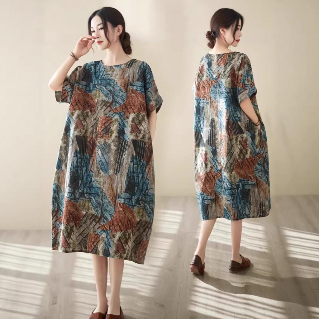 Real Shot 2026 Summer New Large Size Women's Clothing Fat MM Linen Cotton Linen Retro Literary Ethnic Style Casual Dress