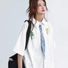 Floral Graffiti Printed Female's Shirts Summer Short Sleeved Single Breasted White Blouses Loose Lapel Tops with Pocket