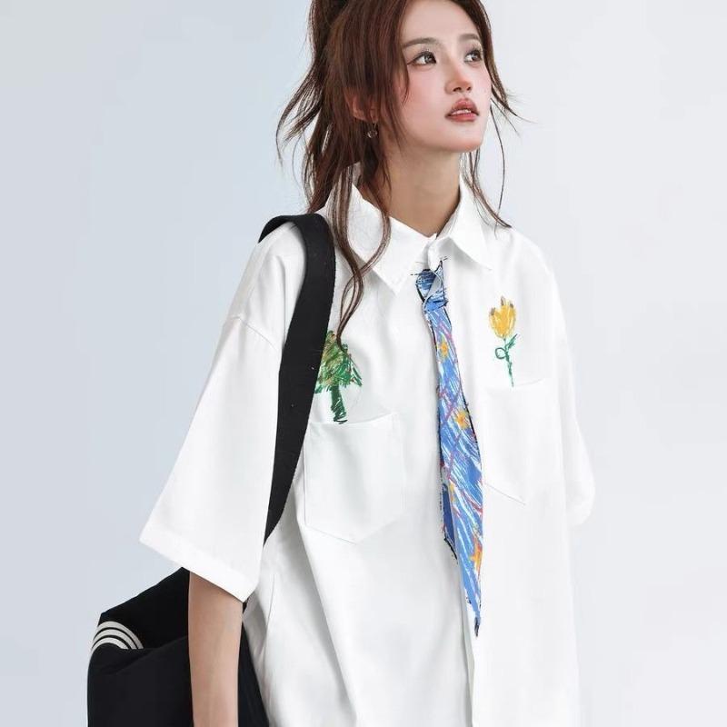 Floral Graffiti Printed Female's Shirts Summer Short Sleeved Single Breasted White Blouses Loose Lapel Tops with Pocket