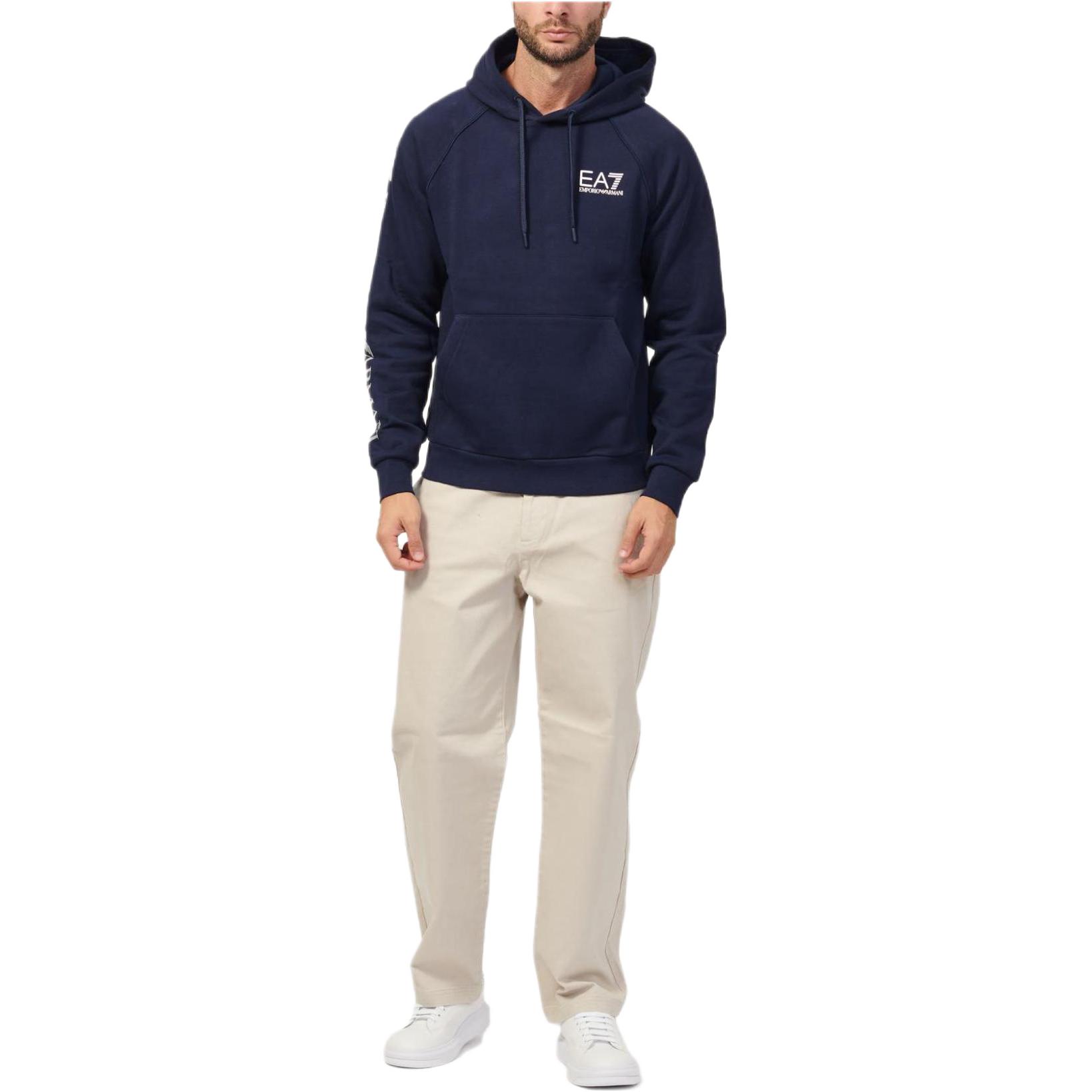 Emporio Armani EA7 Letter Print Hooded Pullover Fitted Long Sleeve Sweatshirt Men tops Navy-Blue 8NPM18-PJ05Z-1554 XXL