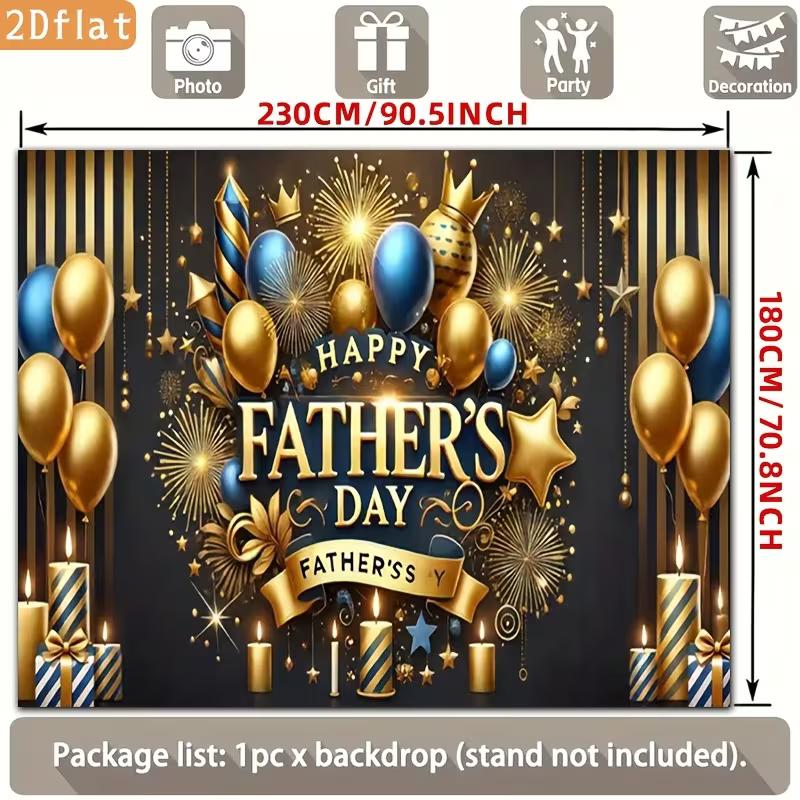 Happy Father's Day Backdrop, Black and Gold with Balloons, Candles and Fireworks for Father's Day Party