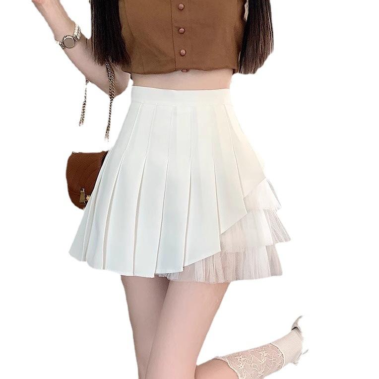Lässiges Design nach vorne Schlankmachend All-Match Vielseitig Asymmetrischer Faltenrock Hoher Bund Netzrock für Damen Frühling Sommer A-Linie Kurzer Rock