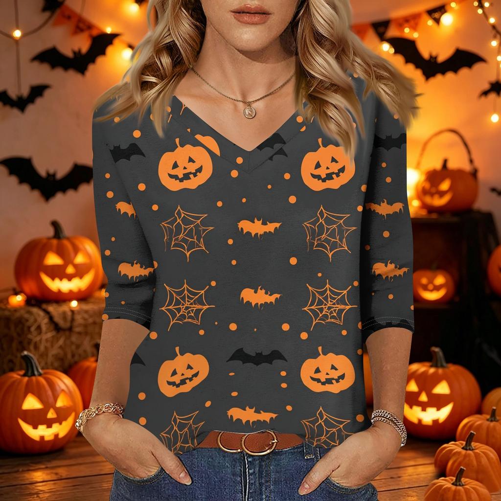 Damen Freizeit Halloween Aufdruck V-Ausschnitt Dreiviertelarm Oberteil Leicht Bequeme Passform Stilvolles Design für den Alltag