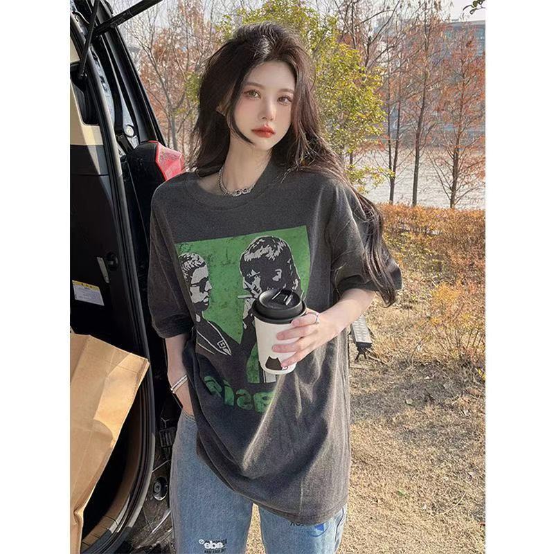 Women's Vintage Washed Oversized T-shirt Short Sleeve Graphic Print Loose Fit Streetwear Tee