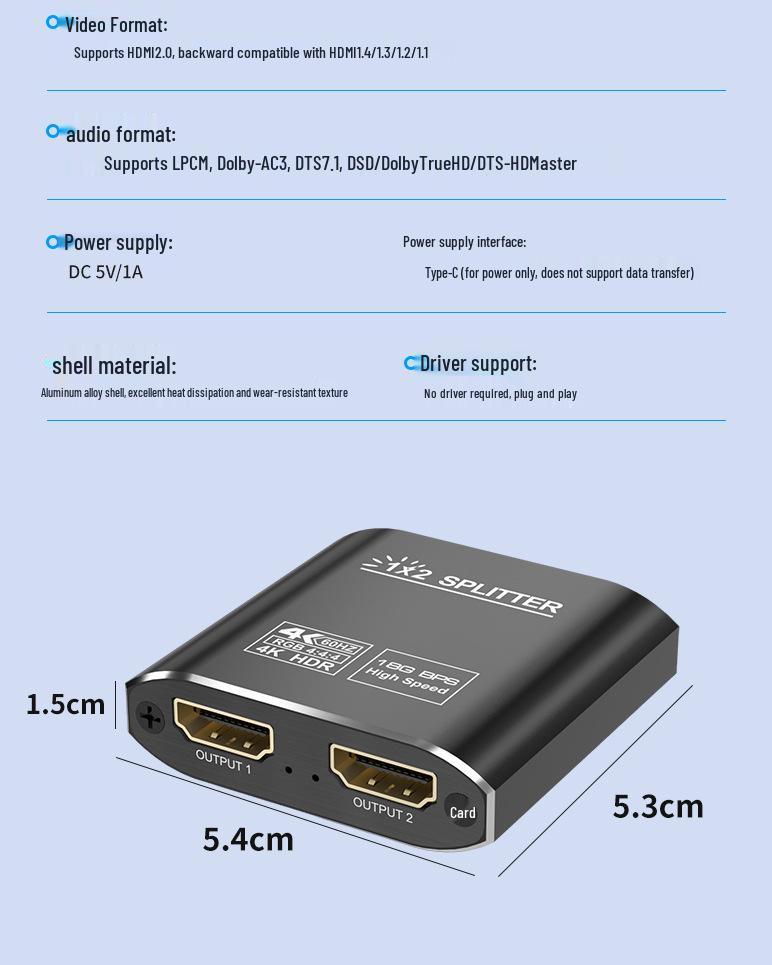 4K HDMI Splitter: Aluminum Alloy, 1 Input To 2 Outputs, Gold-Plated, Dual Display HDTV