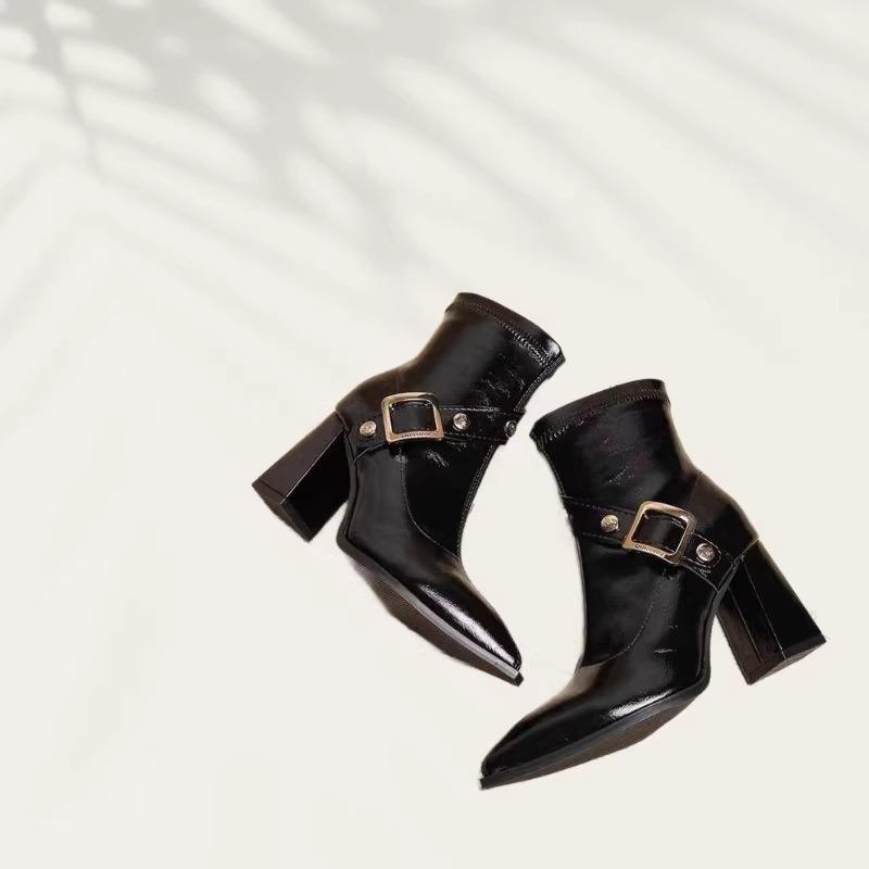 Women Boots Temperament Pointed High-heeled Boots High Quality High-heel Leather Boot Belt Buckle Designer Boots Bottines Femmes