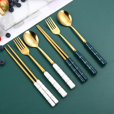 3Pcs Portable Cutlery Set with Box Stainless Steel Spoon Fork Chopsticks with Ceramic Handle Travel Dinnerware Camping Tableware Set